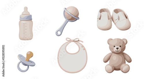 Baby essentials watercolor illustration featuring bottle rattle shoes pacifier bib and teddy bear cute newborn items