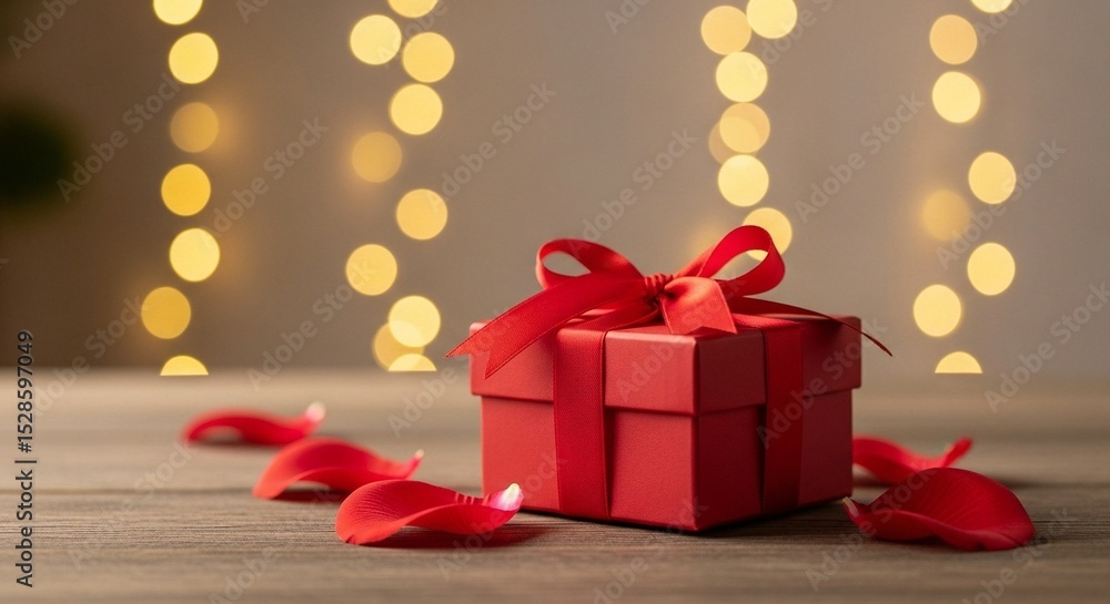 A red gift box with a ribbon and rose petals on a wooden table with blurred lights. A red gift box with a ribbon and rose petals on a wooden table with blurred lights.