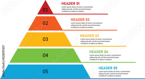 Five level pyramid infographic with colorful sections and text placeholders