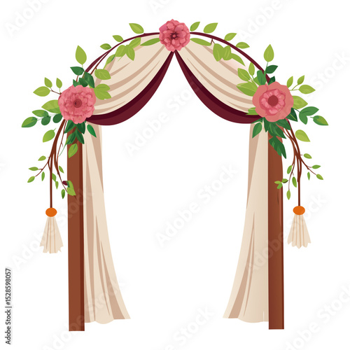 An enchanting wedding arch illustration stands adorned with flowing white and deep red drapes, and lush greenery featuring pink roses. This elegant design creates a perfect romantic backdrop for cerem