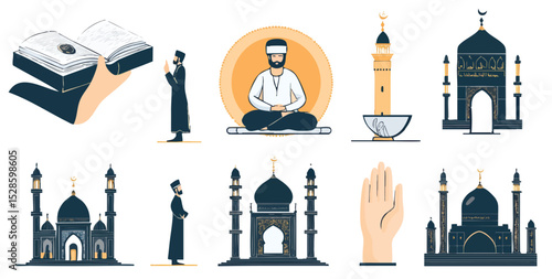Collection of Islamic imagery book meditating man mosques minaret praying man and a hand