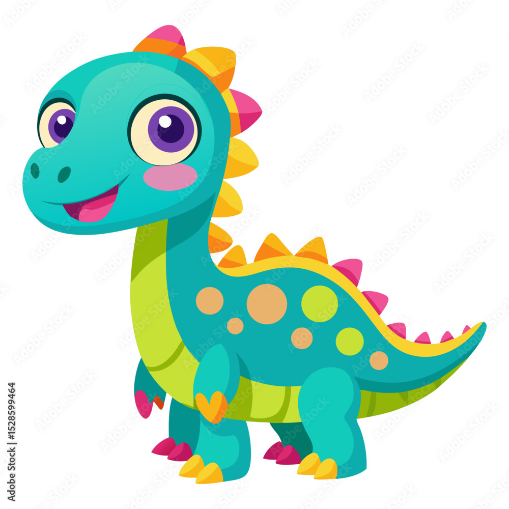 Obraz premium A charming cartoon dinosaur, primarily turquoise with a lime green belly, orange feet, and a mix of pink, yellow, and orange spikes along its back, stands with large, expressive purple eyes 