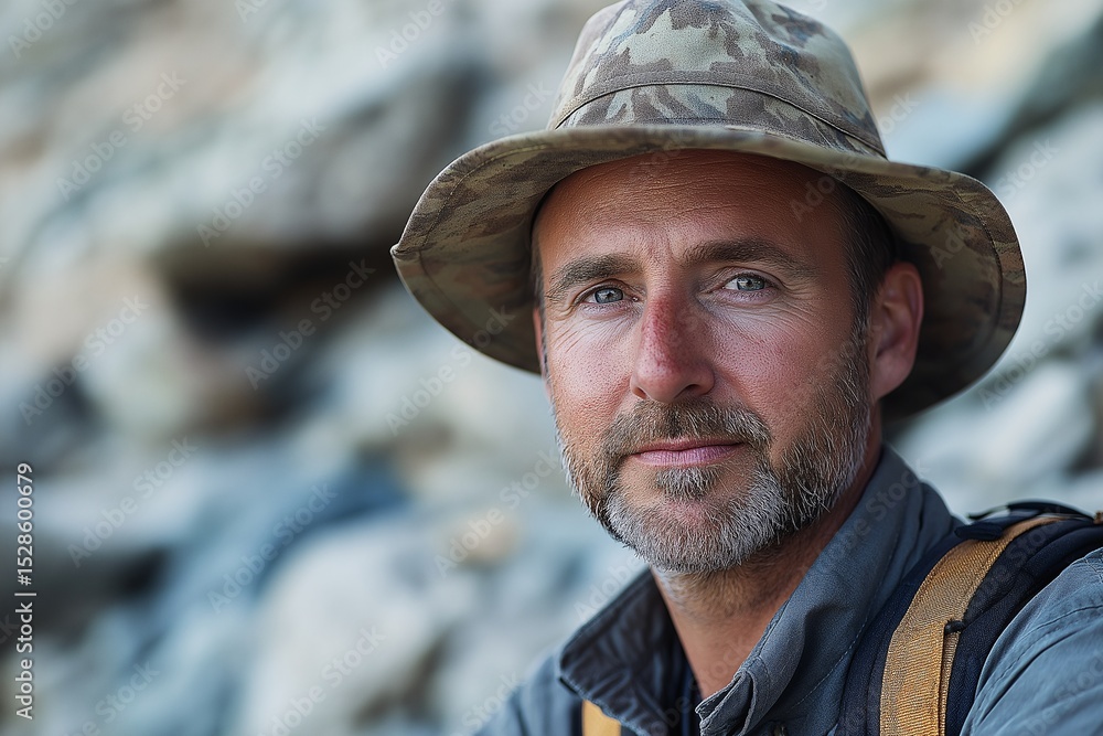 Outdoor Exploration. Rugged Adventure with Backpacking Explorer in Breathtaking Mountain Landscape Outdoor Exploration. Rugged Adventure with Backpacking Explorer in Breathtaking Mountain Landscape