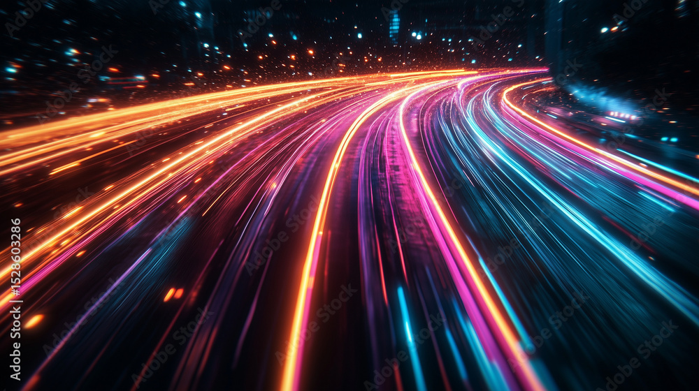 Obraz premium Neon lights blaze, creating abstract glowing trails and bright streaks in this HD night photography.