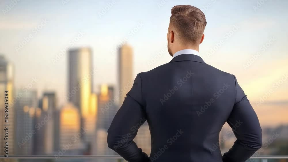 Business Visionary: A sophisticated executive stands with a commanding view of the cityscape, symbolizing ambition, foresight, and leadership. Business Visionary: A sophisticated executive stands with a commanding view of the cityscape, symbolizing ambition, foresight, and leadership.