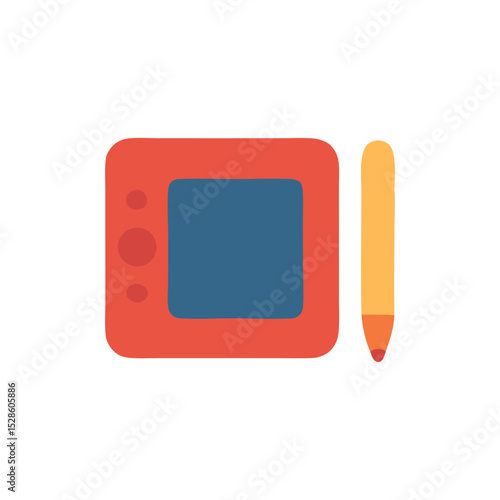 Illustration of a red drawing tablet with a blue screen and a yellow stylus on a white background.