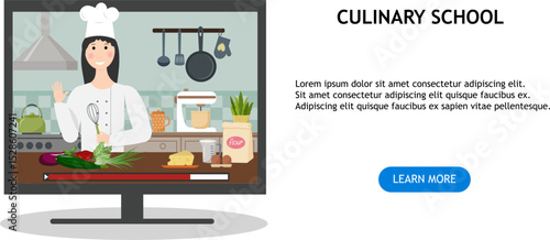 Cooking School. Flyer with a chef giving a cooking lesson. Cooking training. Vector illustration