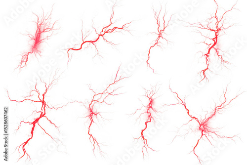 Multiple vivid electric lightning bolts striking and glowing brightly with detailed sparks isolated on a transparent background