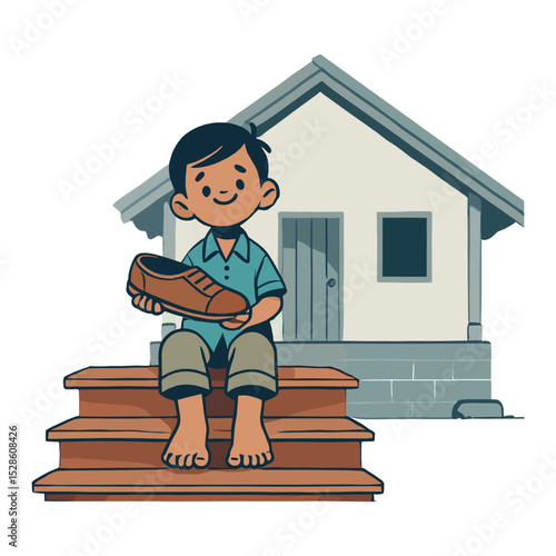 Barefoot Boy Holding Brown Shoe Sits on Steps of Home Illustration