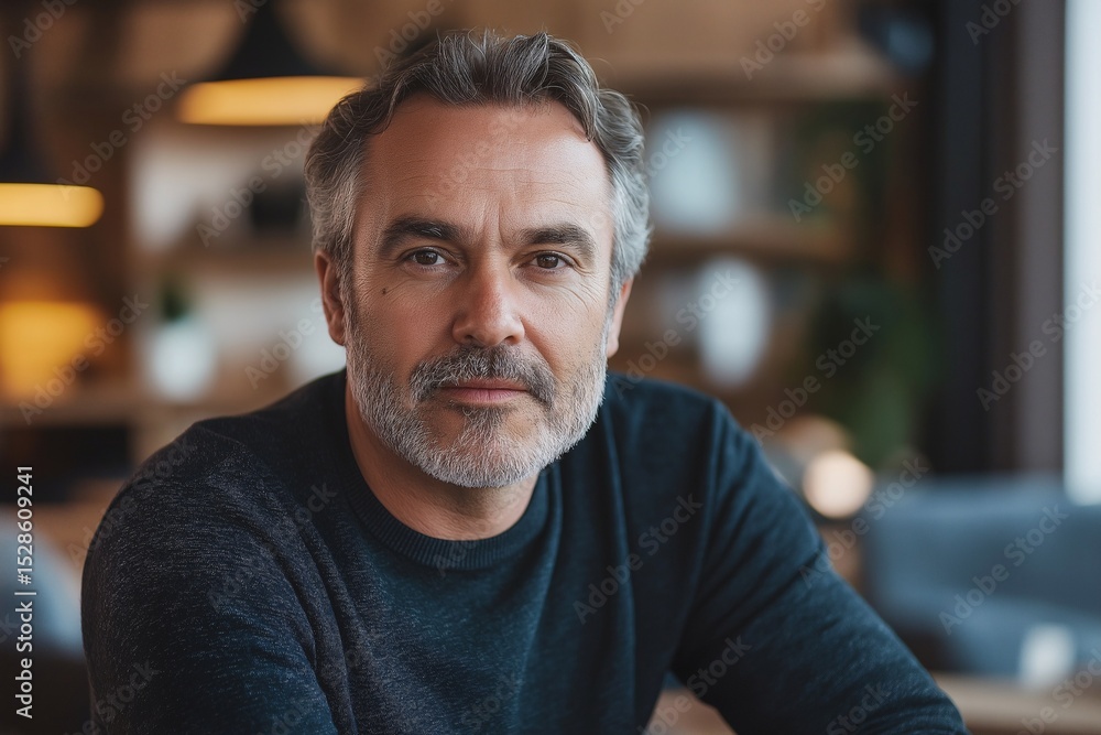 Obraz premium Confident Middle-Aged Man with Beard. Relaxed Indoor Portrait in Modern Home Setting
