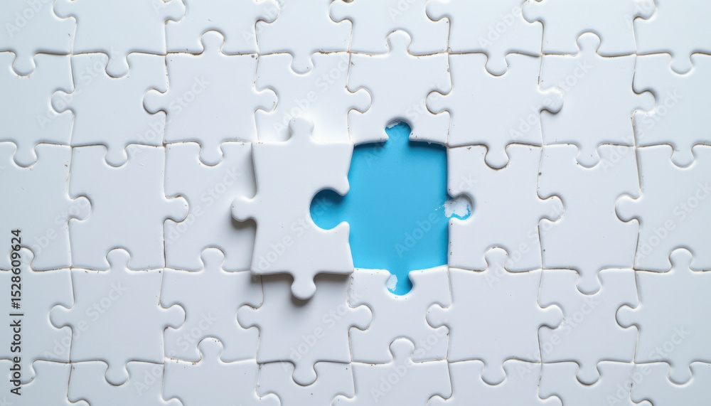 Unfinished jigsaw puzzle with missing piece, showcasing vibrant blue background. image evokes sense of curiosity and anticipation as puzzle awaits completion Unfinished jigsaw puzzle with missing piece, showcasing vibrant blue background. image evokes sense of curiosity and anticipation as puzzle awaits completion