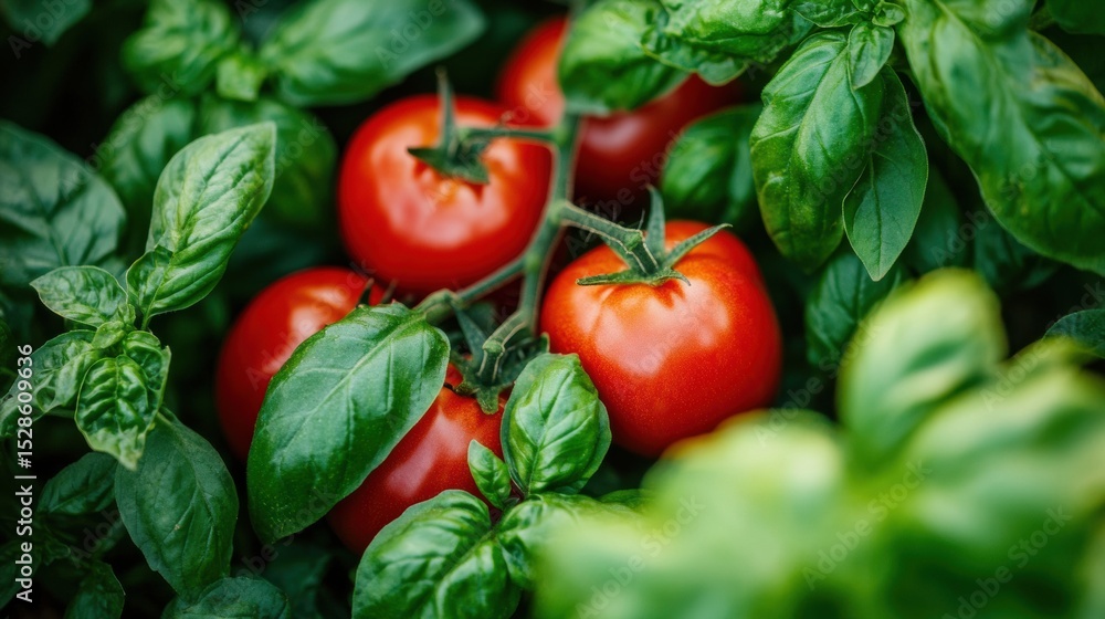 Vibrant tomatoes and lush basil growing side by side in a dense green garden, close-up composition. Vibrant tomatoes and lush basil growing side by side in a dense green garden, close-up composition.