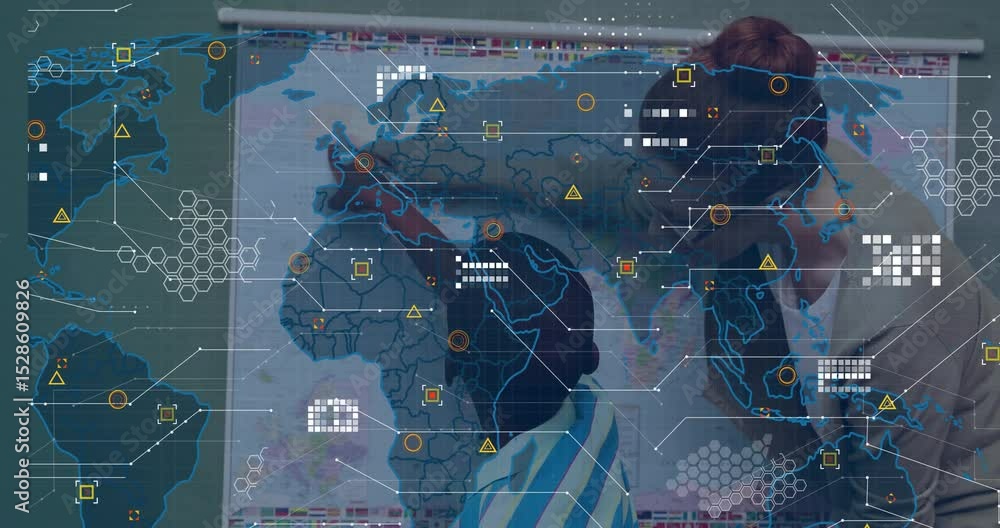 Teacher pointing map activating data overlays guiding student toward ...
