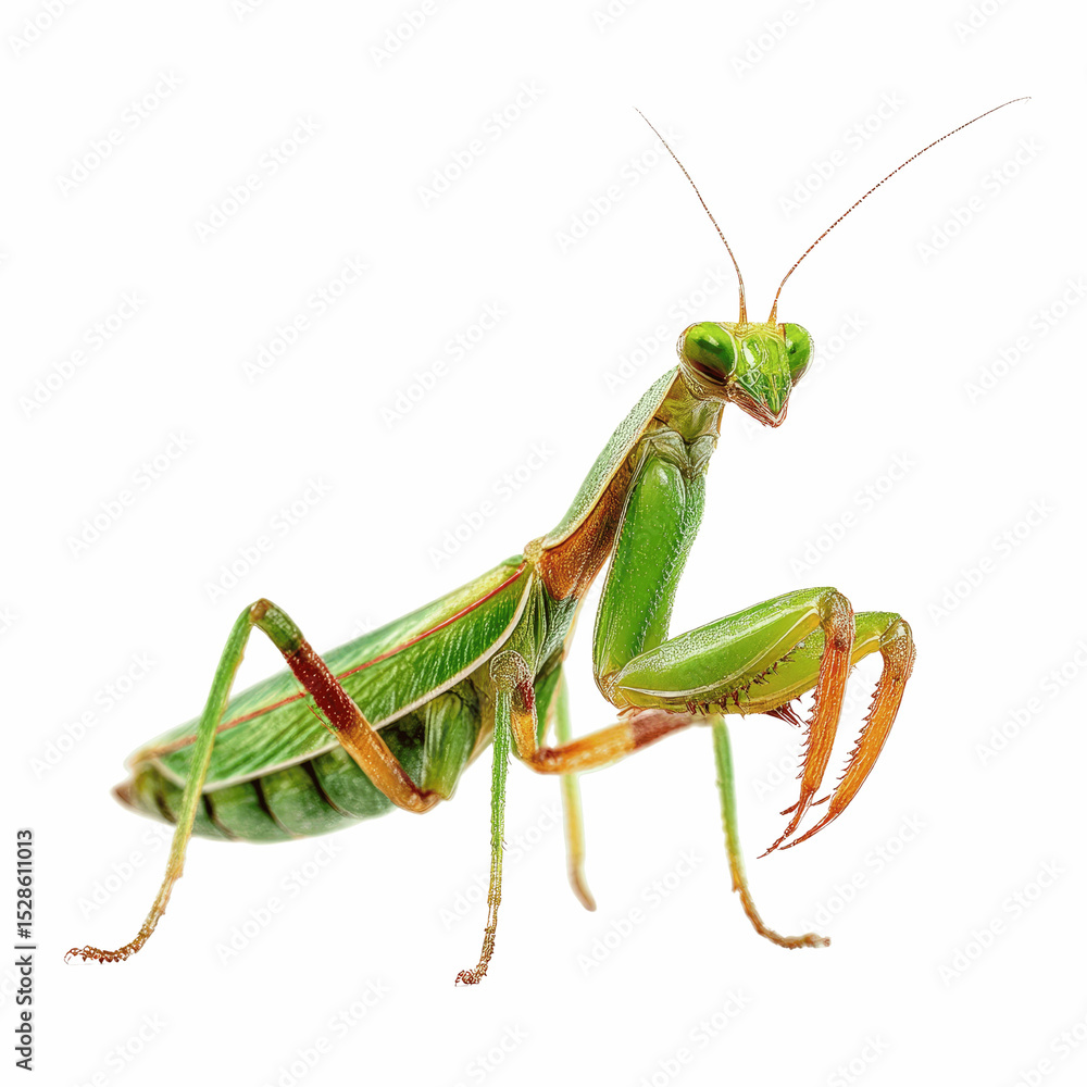 Vibrant Green Praying Mantis on Blue Background - Vibrant Green Praying Mantis on Blue Background -