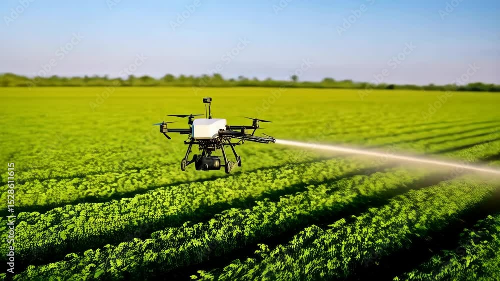 Modern drone spraying water over rows of vibrant green crops in open field under bright blue sky, agriculture innovation Modern drone spraying water over rows of vibrant green crops in open field under bright blue sky, agriculture innovation