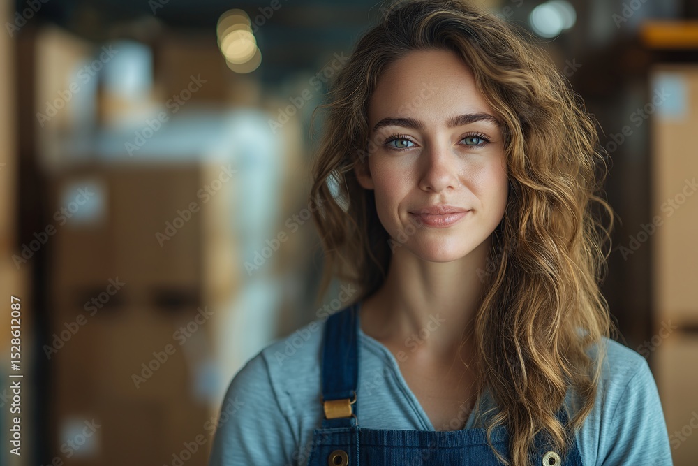 Obraz premium Confident Young Woman in Casual Clothing Smiling at Work in Industrial Warehouse Setting