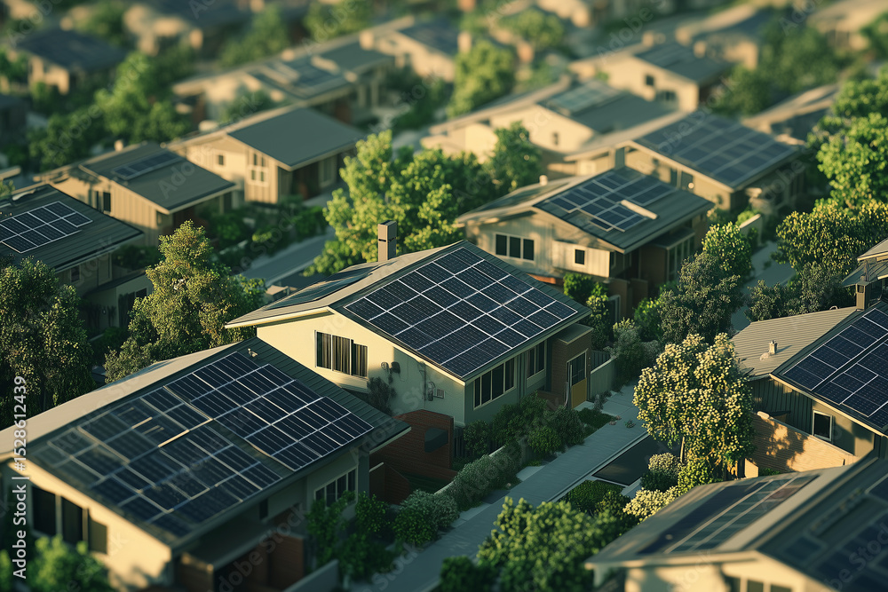 Aerial view of residential neighborhood with solar panels on rooftops surround by green tree. Representing renewable energy sustainability. Aerial view of residential neighborhood with solar panels on rooftops surround by green tree. Representing renewable energy sustainability.