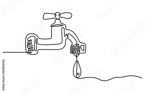 Continuous one line drawing of water faucet. One line drawing illustration of tap water. International handwashing day concept line art. Editable outline, Water tap with flowing water in one line art.