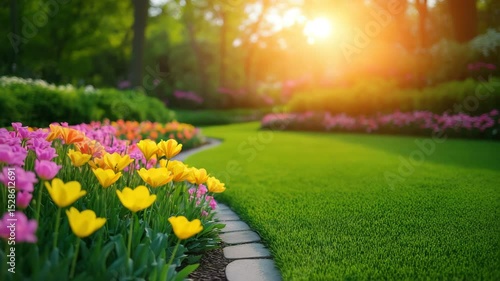 Beautiful garden with vibrant yellow flower and pink flower lining curved stone pathway beside lush green grass under warm sunlight, creating peaceful outdoor spring nature scene