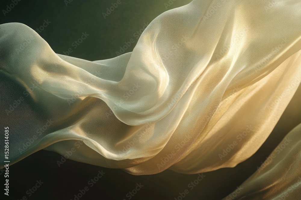 Fototapeta premium Flowing, luminous cream-colored fabric against a dark backdrop