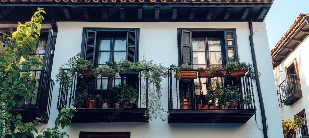 Fototapeta premium Whitewashed building with black shutters and potted plants on balconies