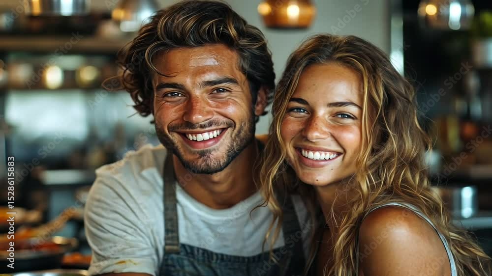 Smiling couple cooking together in a vibrant kitchen Smiling couple cooking together in a vibrant kitchen