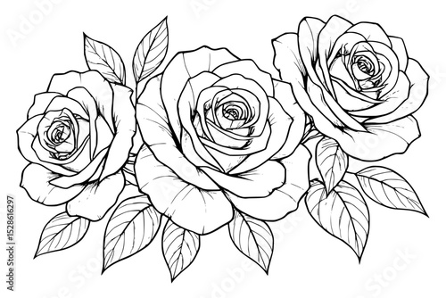 Beautiful rose flower in black outline, isolated floral vector illustration.