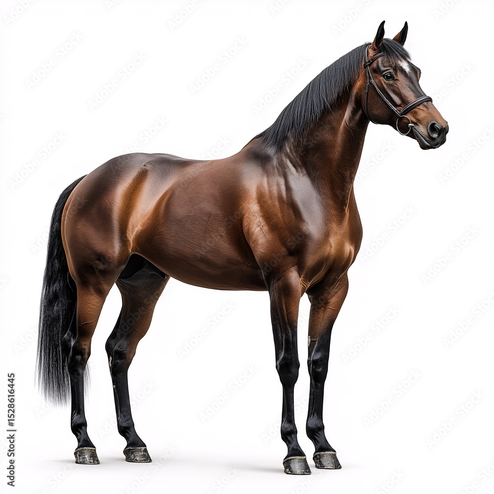 Fototapeta premium Majestic Brown Horse. Domestic Equine Animal with Glossy Coat and Pedigree in a Romantic Farmland Landscape - Animal Photography