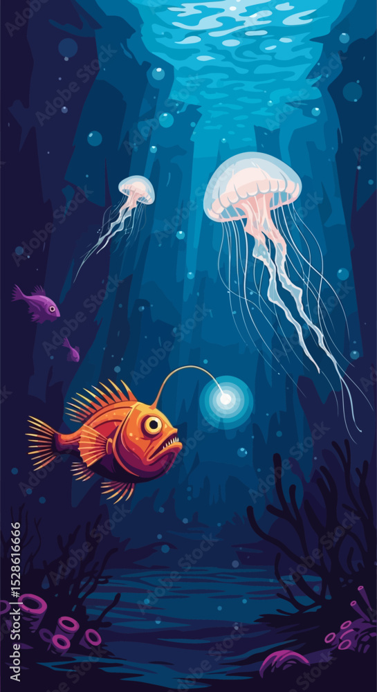 Deep Sea Creatures in Mysterious Ocean Abyss - Colorful Vector Illustration Deep Sea Creatures in Mysterious Ocean Abyss - Colorful Vector Illustration