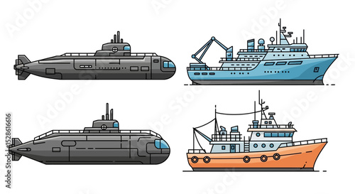 Set of Submarines and Ships – Vector Marine Transportation Illustration