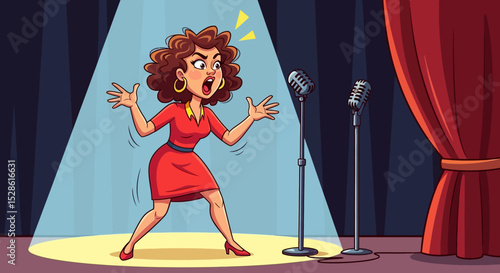 Angry Woman Yelling on Stage Under Spotlight – Cartoon Vector Illustration