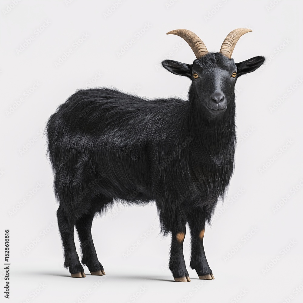 Fototapeta premium Black Goat Lifelike 3D Model Standing Proud with Sharp Horns - Realistic Fur Texture in Studio Shot