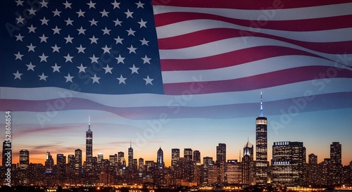Night skyline of new york city with american flag