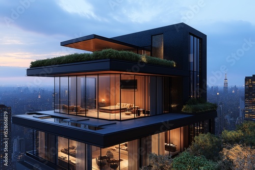 Luxury Home with Rooftop Terrace and City Skyline Views in Modern Architecture Design