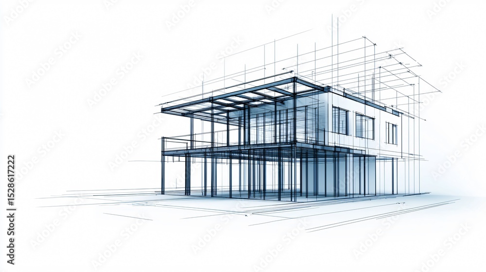 A layered image of a high-rise steel frame blueprint overlaid with a dynamic 3D sketch of beams and columns in motion, on a clean white background A layered image of a high-rise steel frame blueprint overlaid with a dynamic 3D sketch of beams and columns in motion, on a clean white background