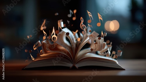 A magical open book with musical notes floating out, suggesting the enchanting connection between music and literature.