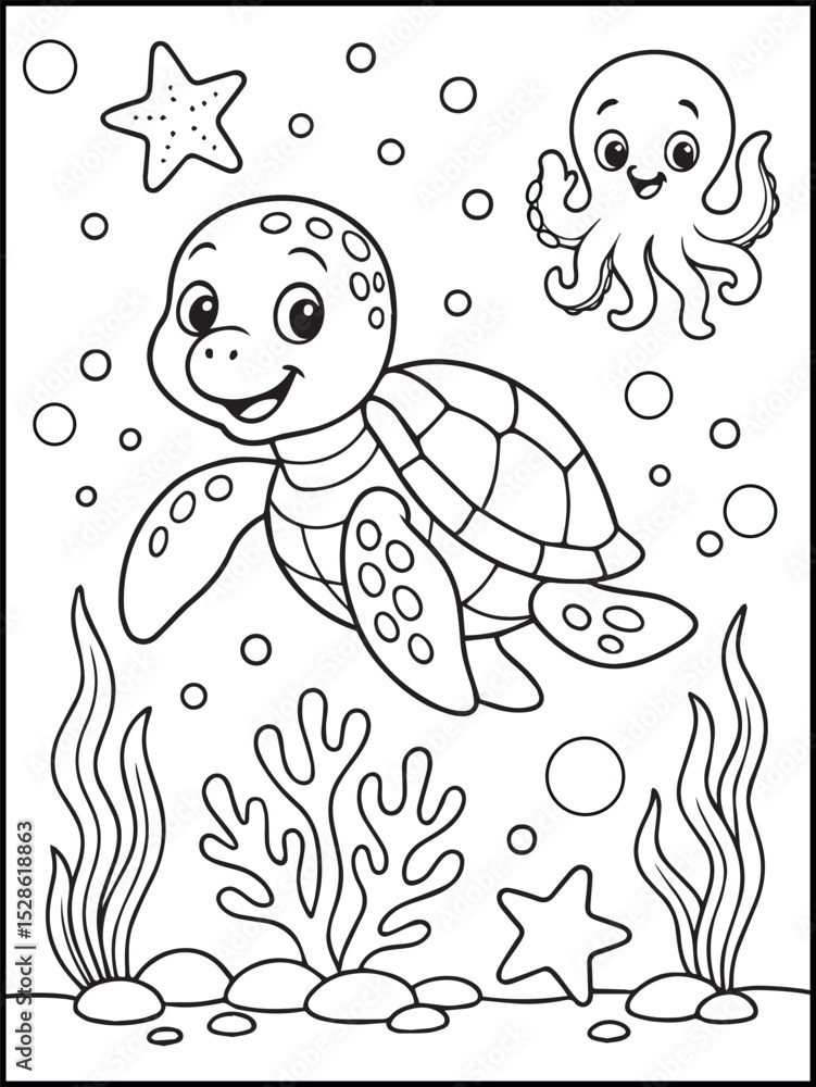Fototapeta premium Cute Sea Turtle Coloring Page for Kids – Printable Black and White Underwater Line Art with Fish, Starfish, and Ocean Scene 