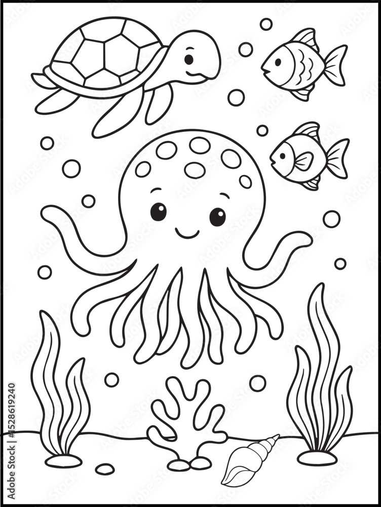 Obraz premium Cute Sea Turtle Coloring Page for Kids – Printable Black and White Underwater Line Art with Fish, Starfish, and Ocean Scene 