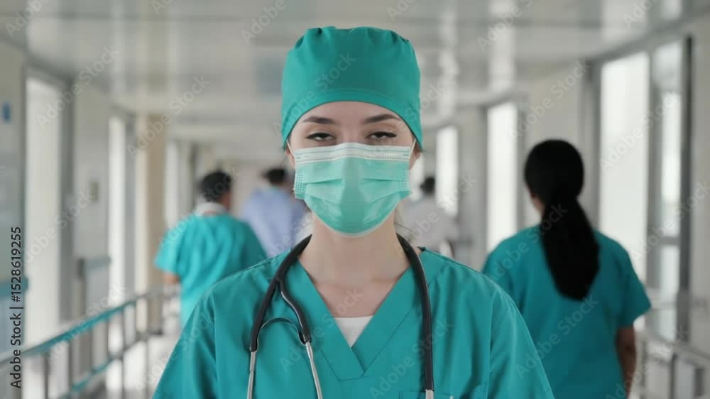 A medical professional, possibly a nurse, wearing a face mask and scrubs, looking serious. Represents healthcare and dedication. A medical professional, possibly a nurse, wearing a face mask and scrubs, looking serious. Represents healthcare and dedication.