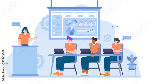 Woman presents information to three people in a meeting. Suitable for business presentations, teamwork discussions, corporate collaboration concepts.