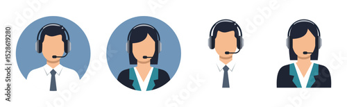 Call center. Help, Support and Contact. Customer Service Icon. Male and female call center working in headphones. Customer service character, costumer service with circle background.
