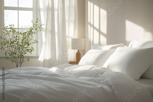 Minimalist Bedroom Interior Design with Natural Light and White Bed Linen - Cozy and Relaxing Home Decor with Sunny Shadows