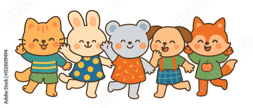 Group of cute animal kids for friends and back to school concept. Vector illustration.