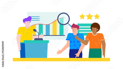 Three people excitedly celebrate success using a graph and stars, perfect for business presentations or motivational content.