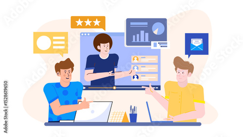 Two men viewing computer screen with positive reviews. Suitable for showcasing successful business partnership, digital marketing, or teamwork themes.