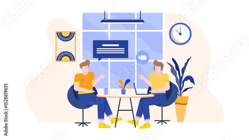 Two men video calling in office. Suitable for business, technology, communication, remote work, and virtual meeting concepts.