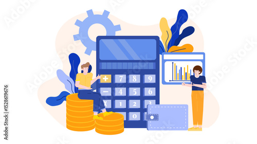 Two people calculate with a calculator and stacks of coins. Perfect for finance, budgeting, accounting, savings, financial planning concepts.