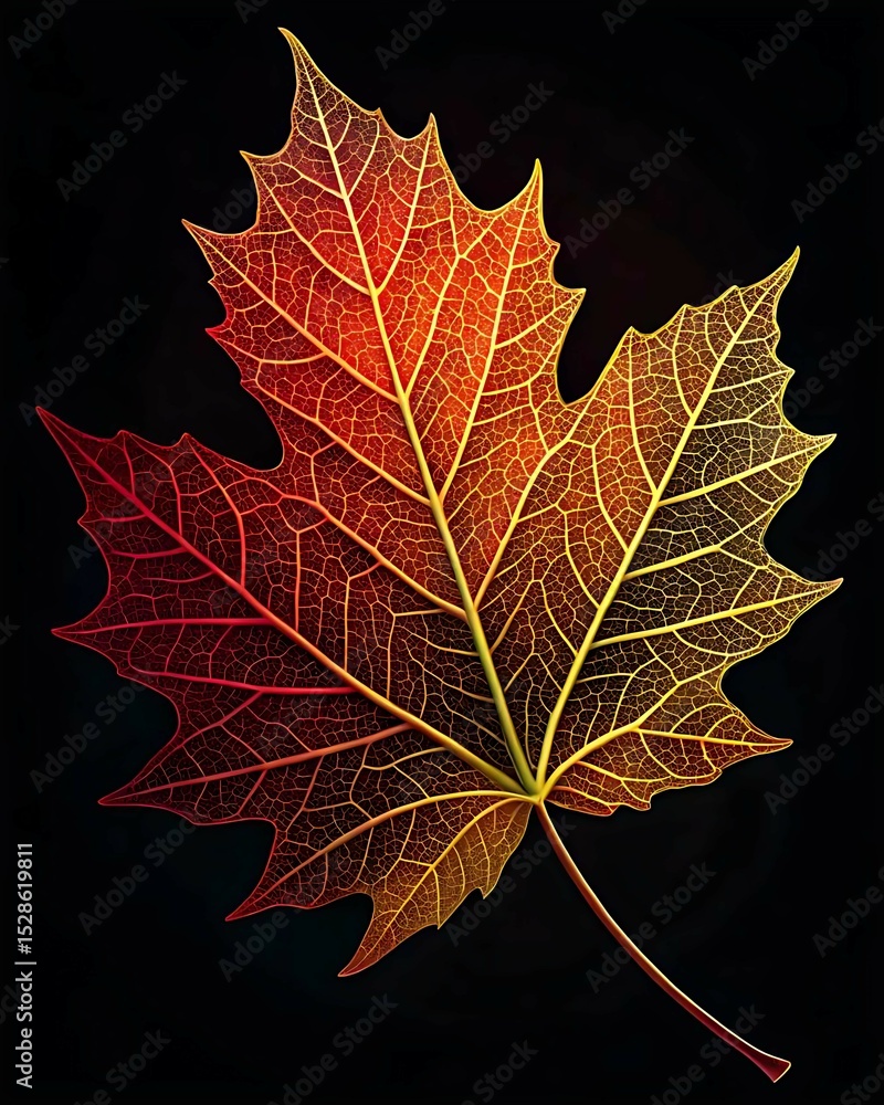 Fototapeta premium Abstract close-up of a multi-colored autumn leaf with intricate vein patterns on a matte dark background – detailed seasonal nature wallpaper perfect for digital devices, phone or laptop backgrounds, 