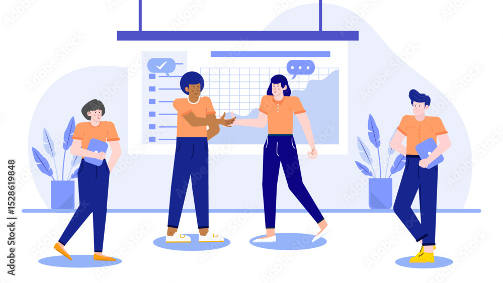 Obraz premium Four people collaborating and working together in a modern office environment, suitable for business teamwork and corporate concepts.