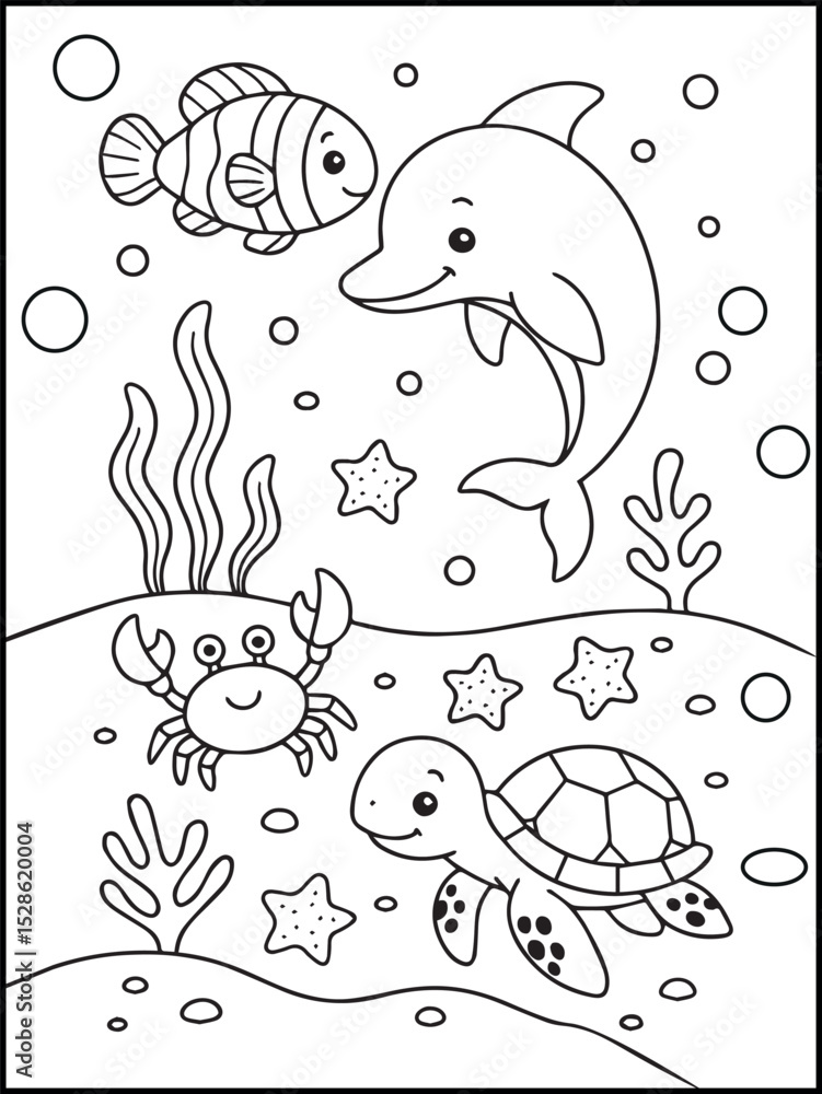 Fototapeta premium Cute Sea Turtle Coloring Page for Kids – Printable Black and White Underwater Line Art with Fish, Starfish, and Ocean Scene 